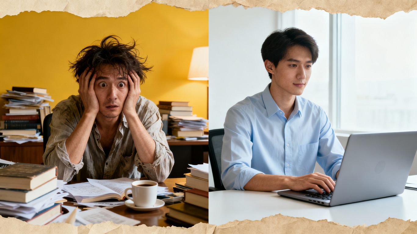 Person overwhelmed by research, then finding clarity.