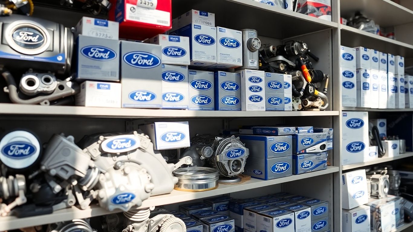 Genuine Ford parts on a shelf in a store.