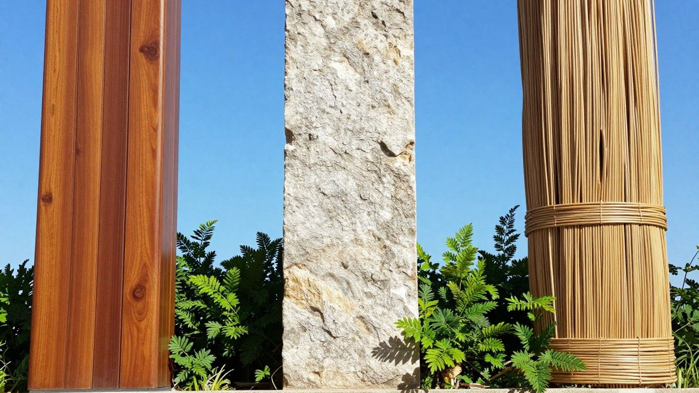 Drei Säulen aus Holz, Stein und Pflanzenmaterial.