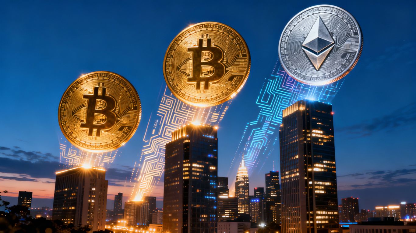 Bitcoin and Ethereum coins rise over glowing city skyline