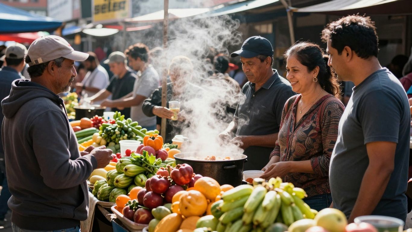 Oameni locali savurând mâncare autentică la o piață.