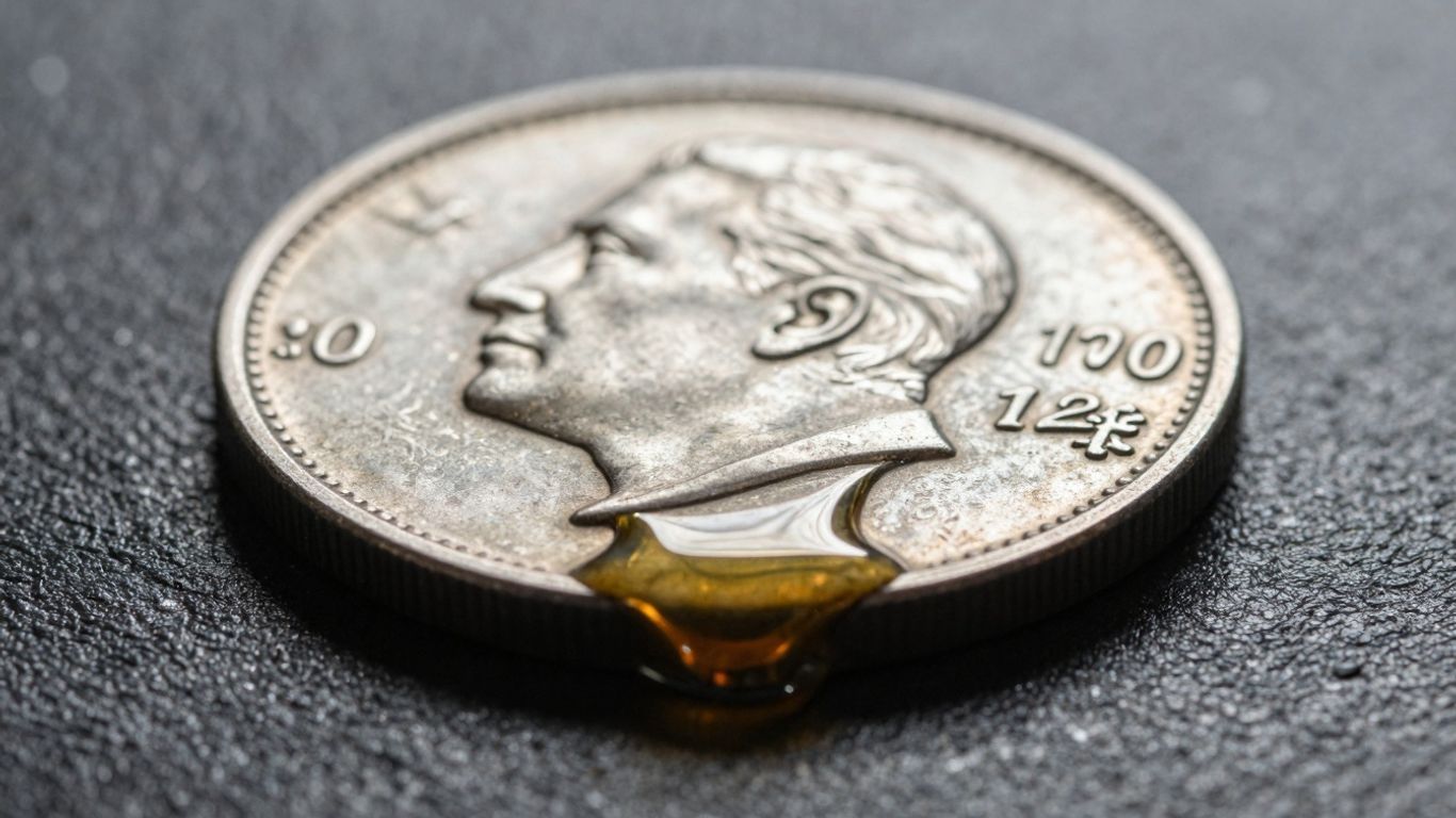 Silver coin with molten gold dripping over it.