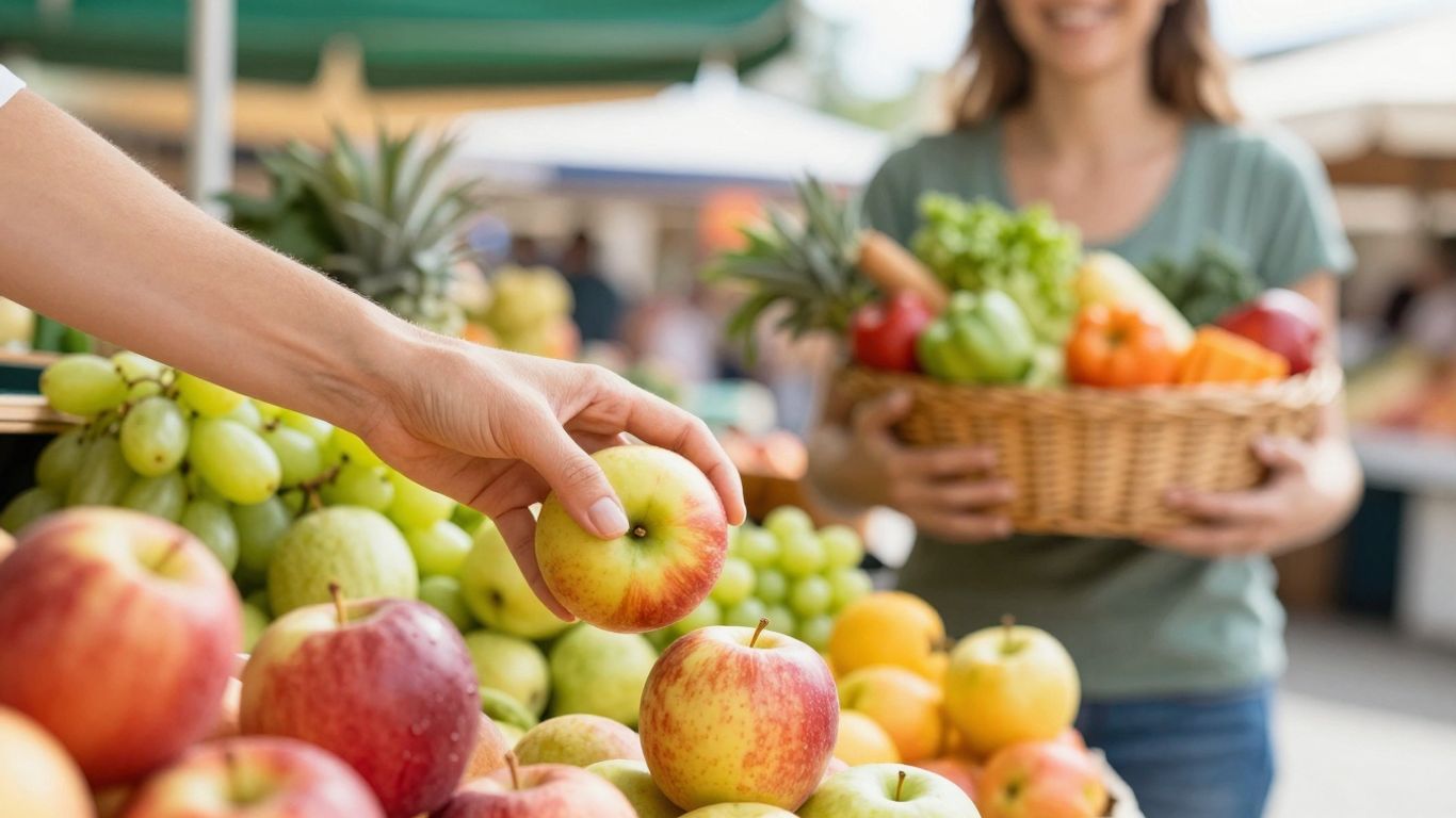 Fructe și legume proaspete pe o piață însorită.