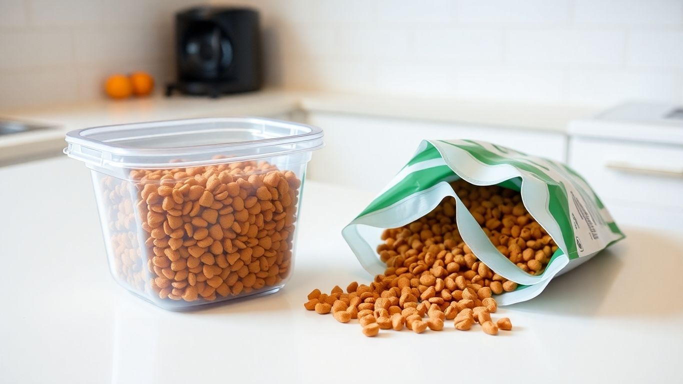Cat food in a clear container and original bag on a counter.