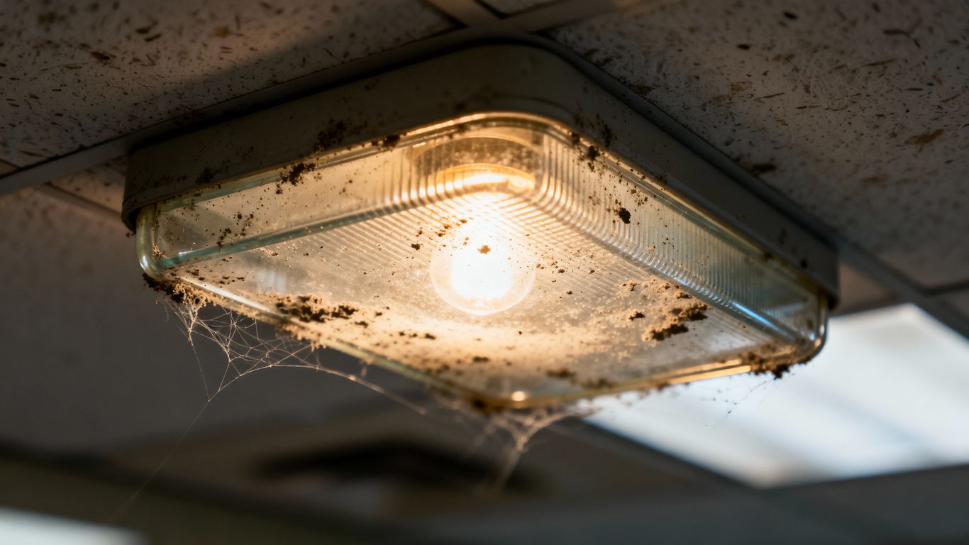 Špinavé kancelárske svetlo na strope, plné prachu.