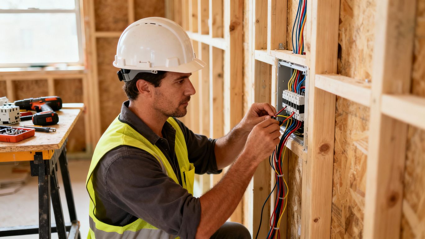 Construction worker installing electrical wiring in new building.