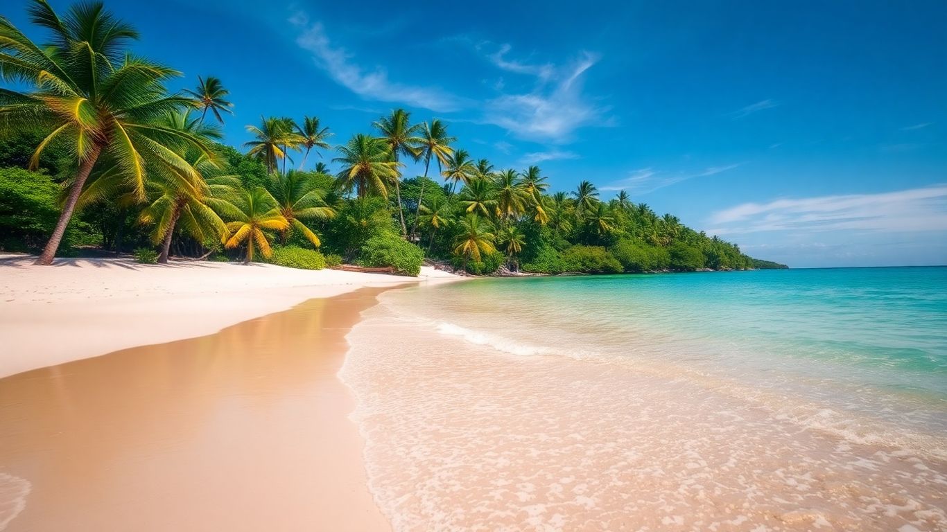 Plajă tropicală liniștită cu apă turcoaz și palmieri.