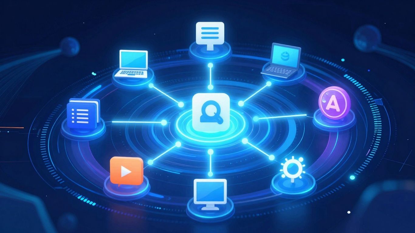 Futuristic AI tools infographic with glowing icons.