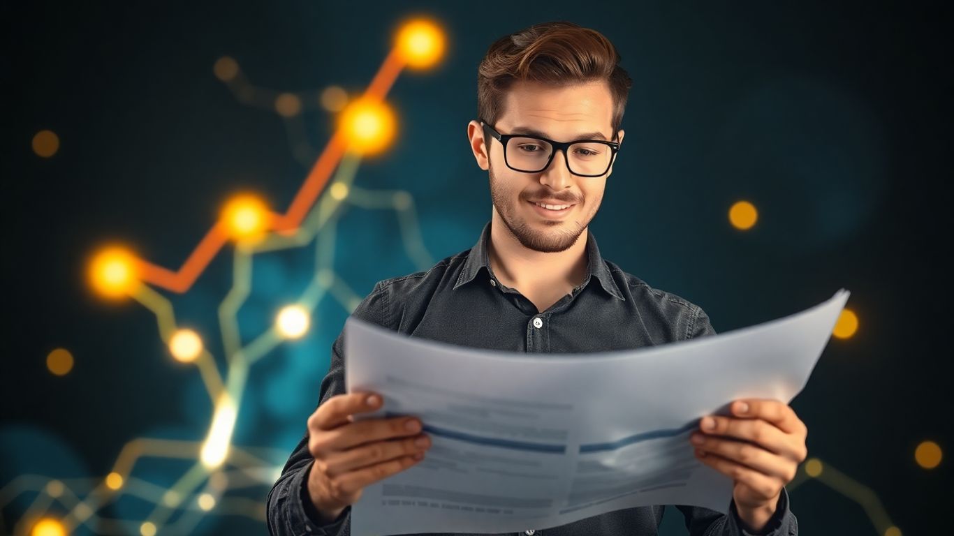 Tânăr antreprenor examinează plan de afaceri, oportunități de creștere.