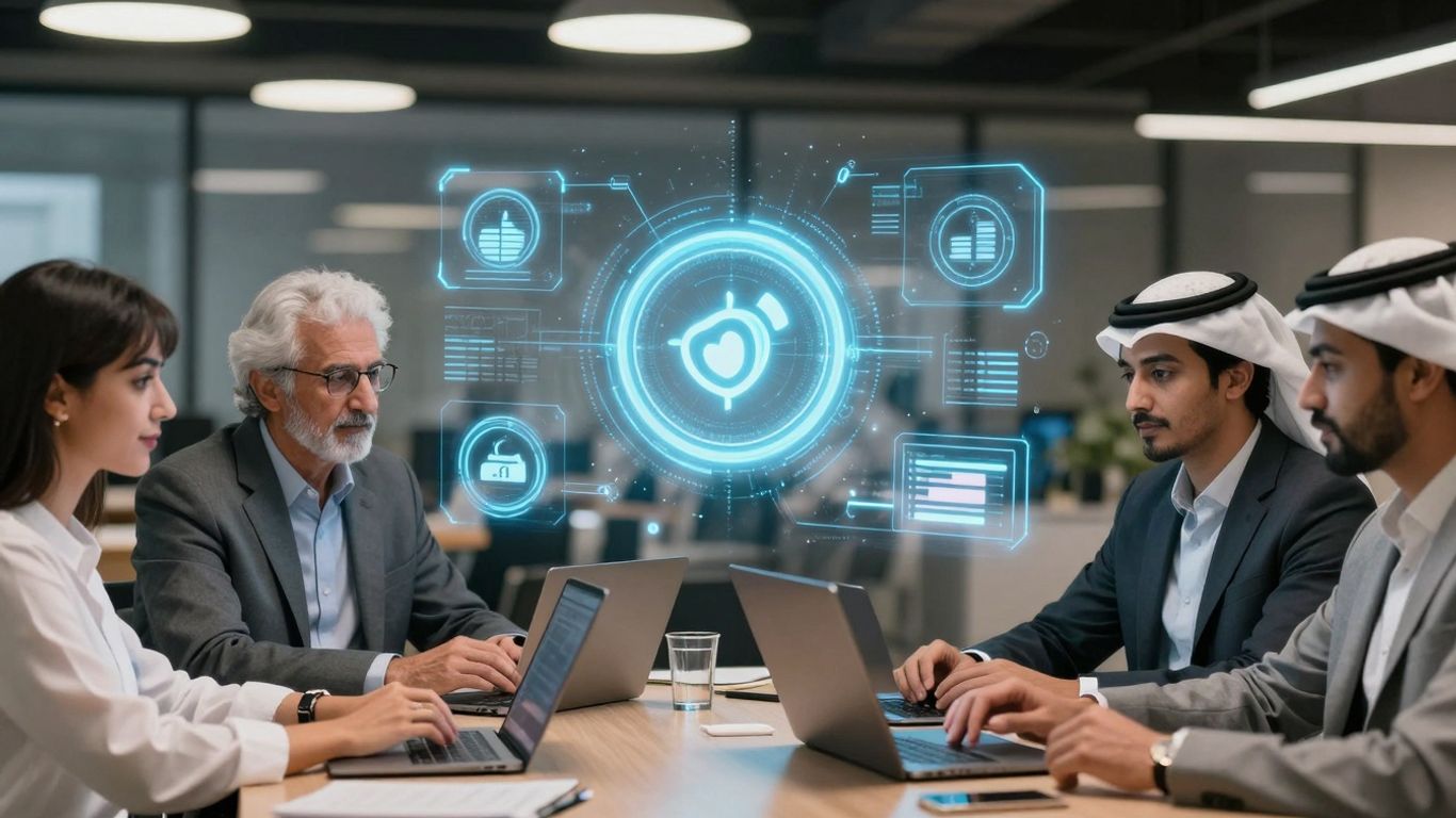 Diverse investors engaging with digital fund representations.