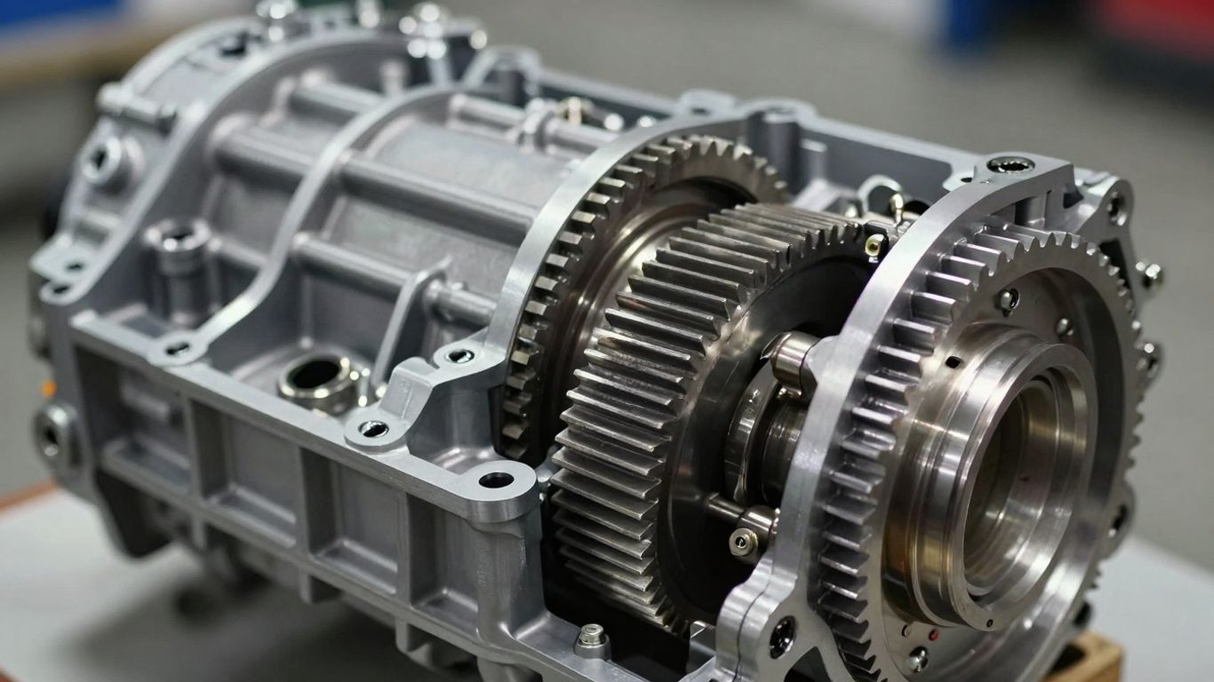 Car transmission assembly with visible gears and parts.