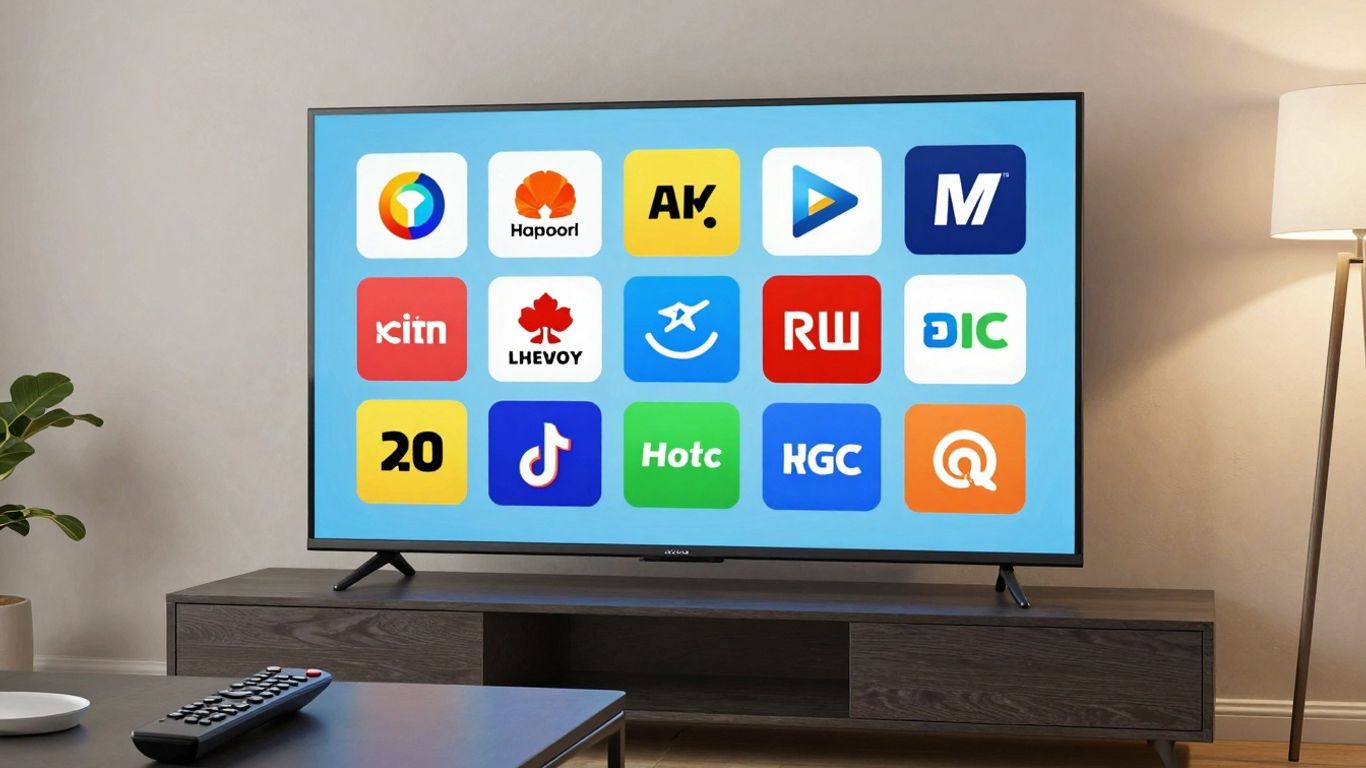 Modern TV screen with colorful IPTV channel logos.