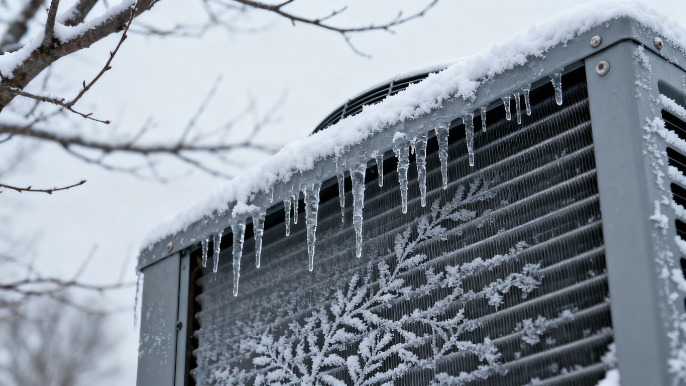 Outdoor HVAC unit covered in snow and ice.