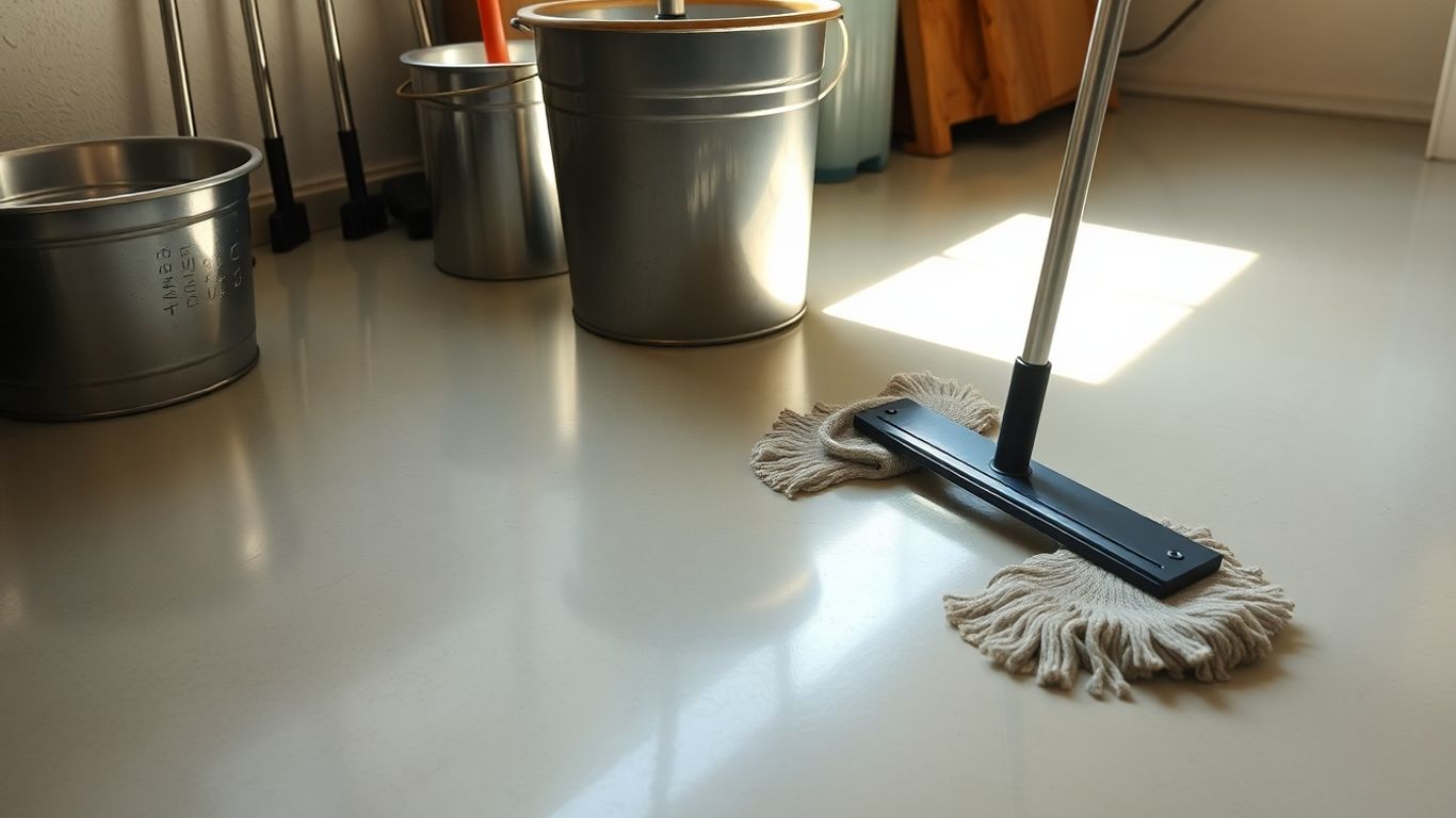 Mop and bucket on a clean workshop floor.