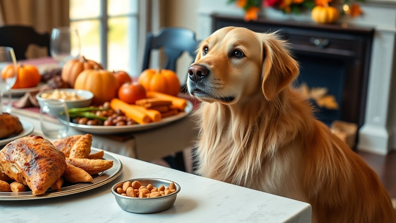Dog looking at Thanksgiving food, safe treats nearby.