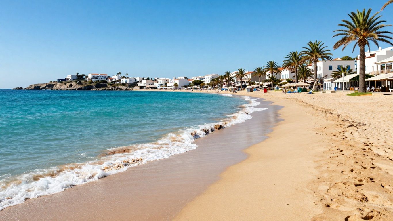 Sunny European beach with palm trees and clear blue water.