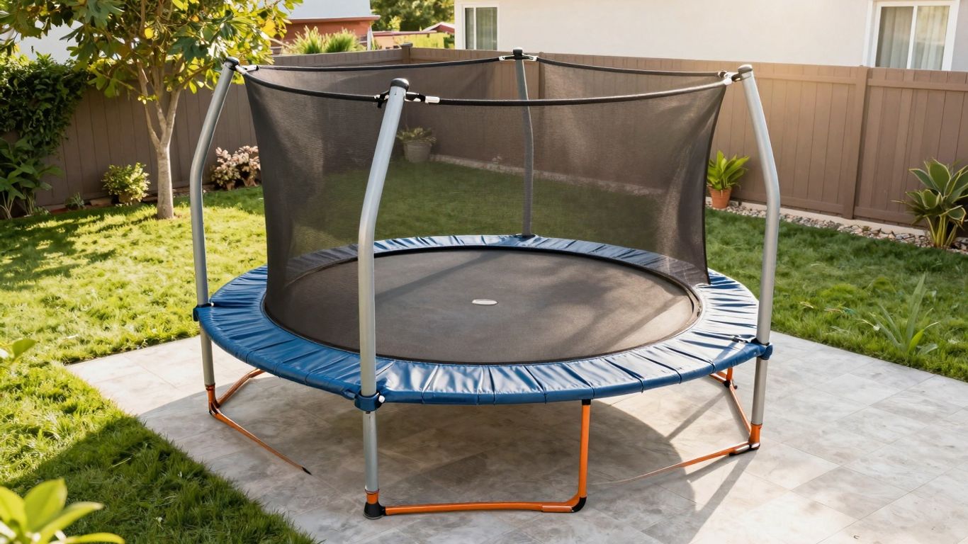Sunken trampoline integrated into a lush green backyard lawn.