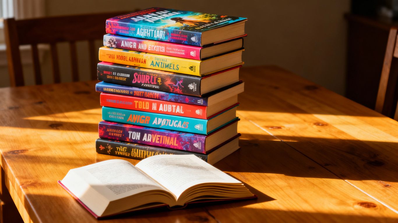 Stack of colorful young adult novels on a wooden table.
