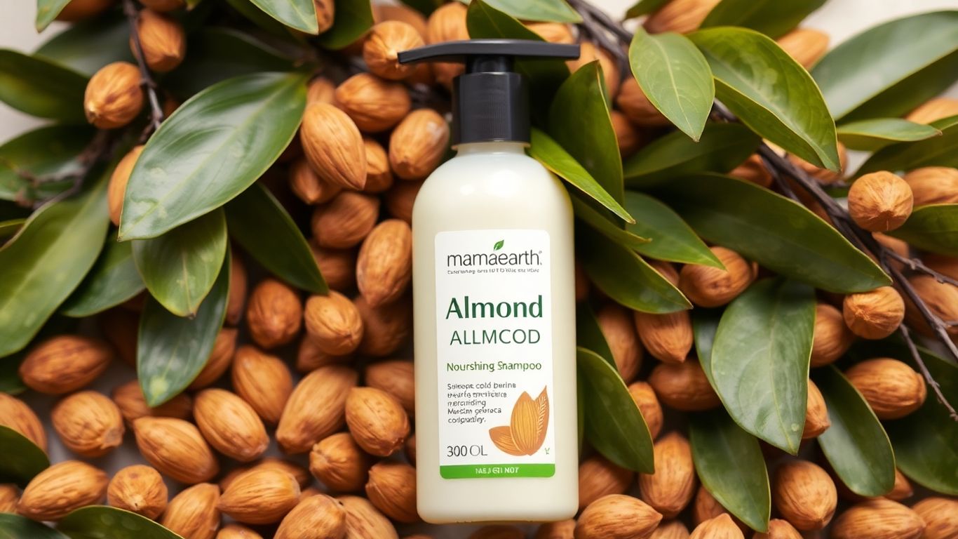 Mamaearth Almond Shampoo bottle with almonds and leaves.
