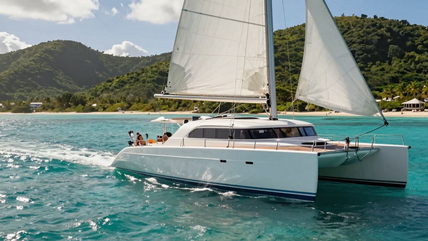 Catamaran sailing on turquoise Caribbean waters with green islands.