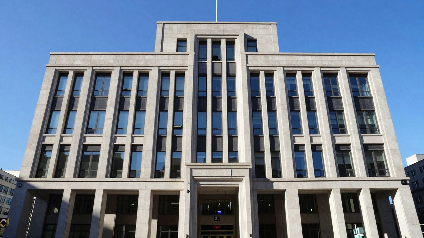 Clădire bancară modernă sub cer senin.