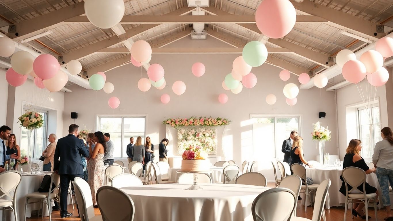 Elegant baby shower venue in Dallas with balloons and flowers.
