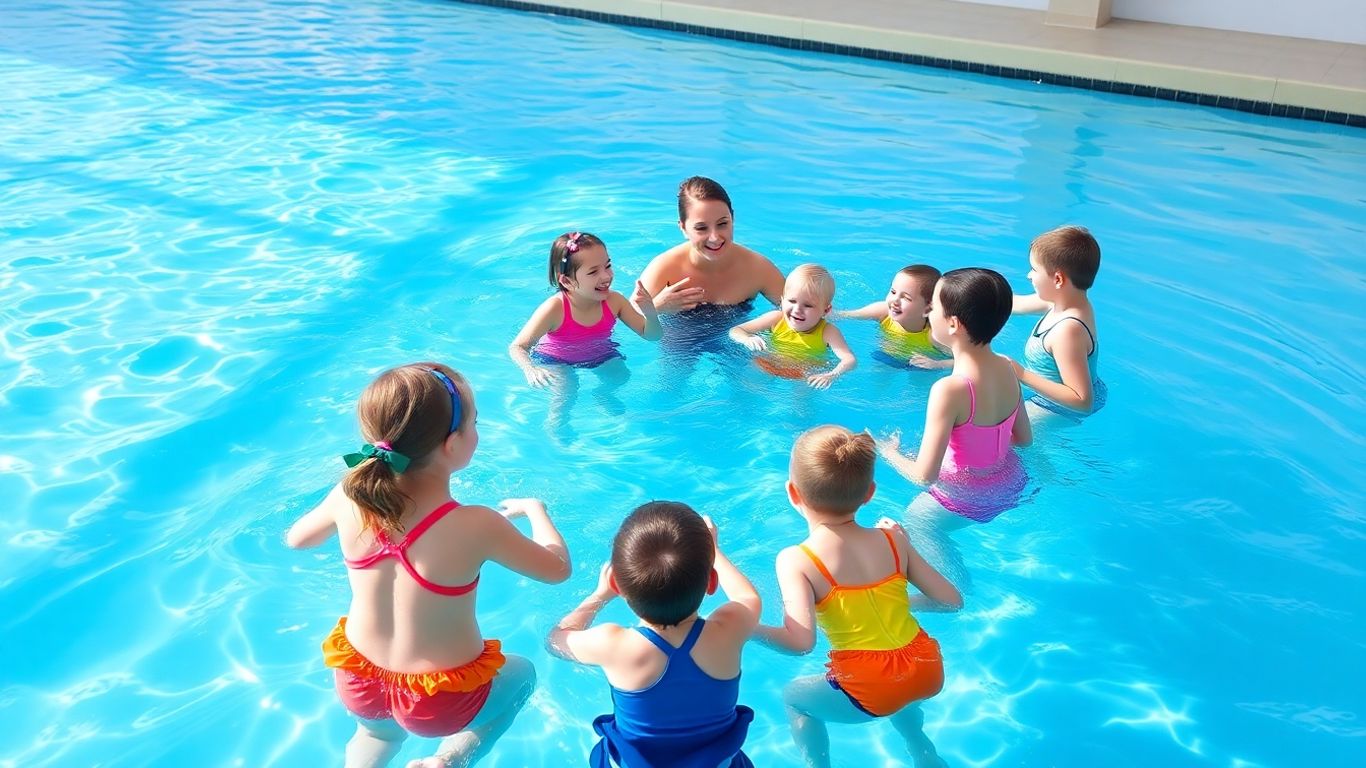 Children learning to swim in a bright indoor pool.