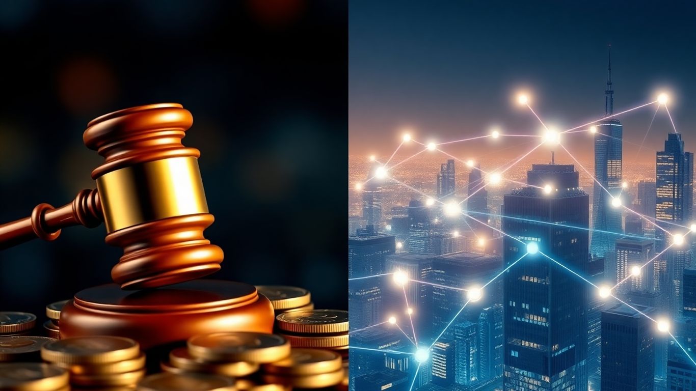 Gavel and digital coins next to futuristic cityscape.