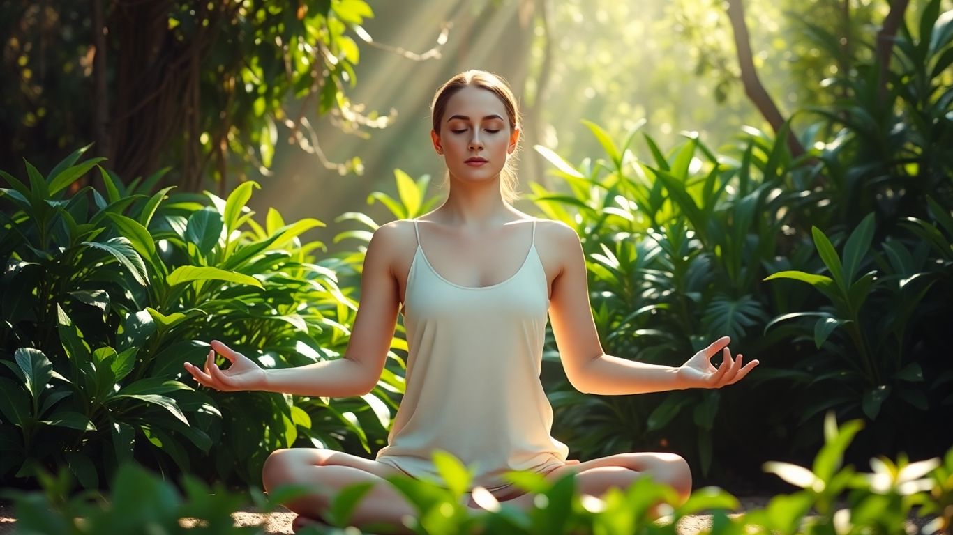 Person meditating peacefully in a natural setting.
