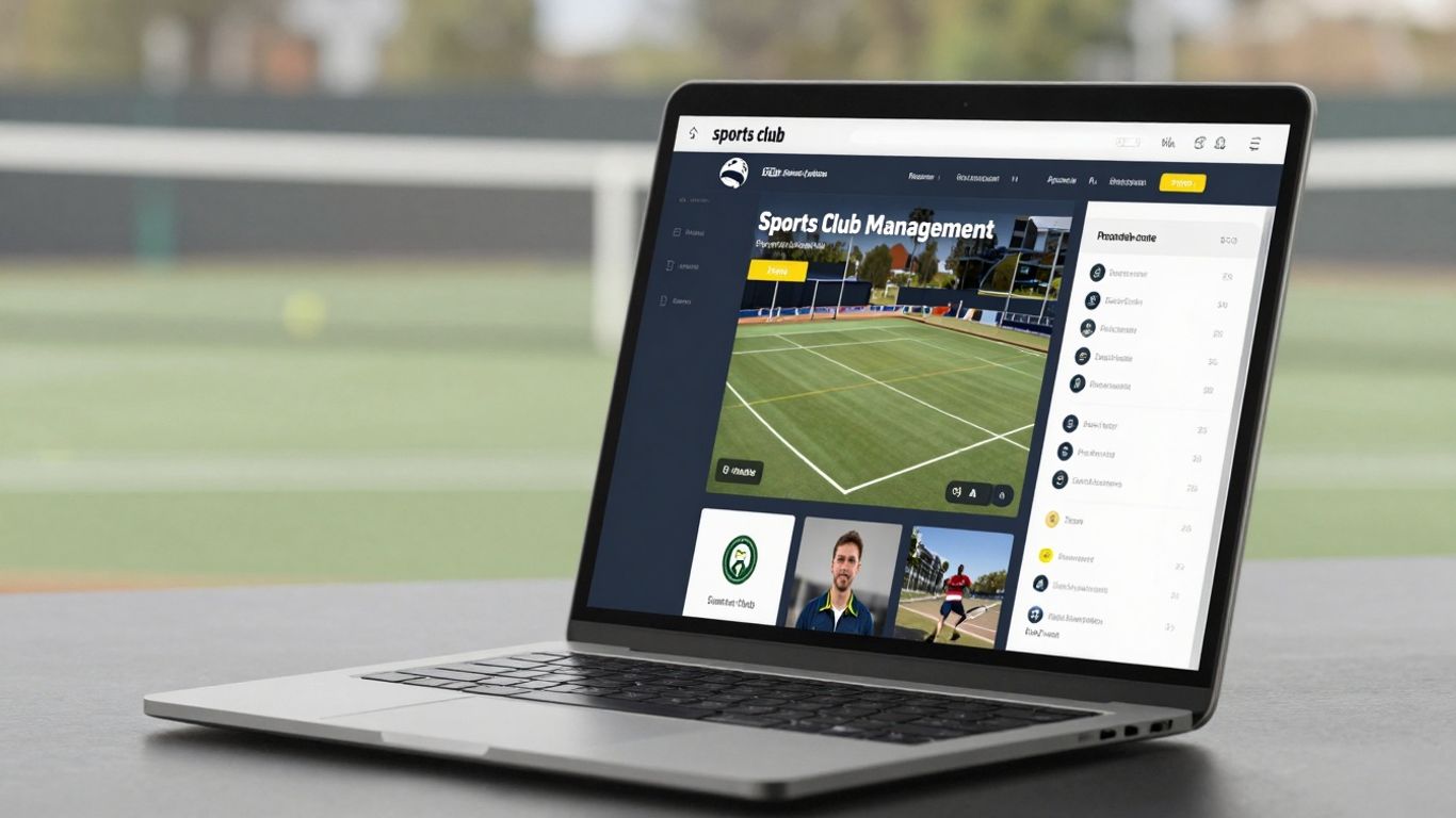 Sports club software interface on laptop, Australian sports field background.