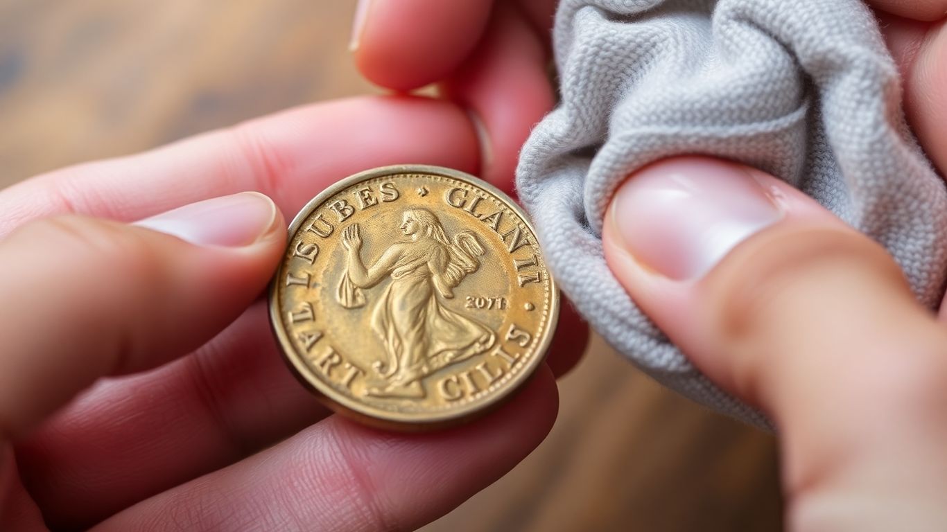 Cleaning a tarnished coin with a soft cloth.