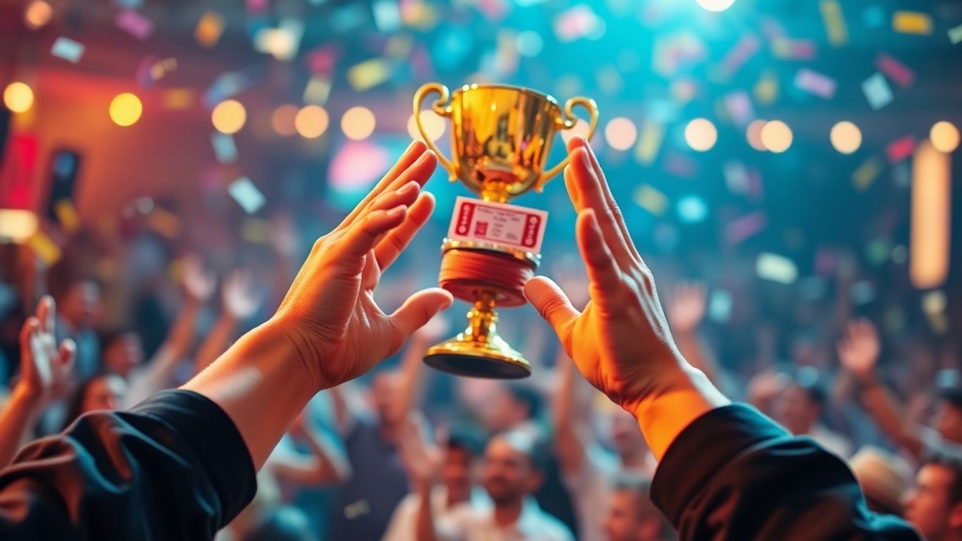 prize competition. Hands reaching for a golden trophy or prize tickets.