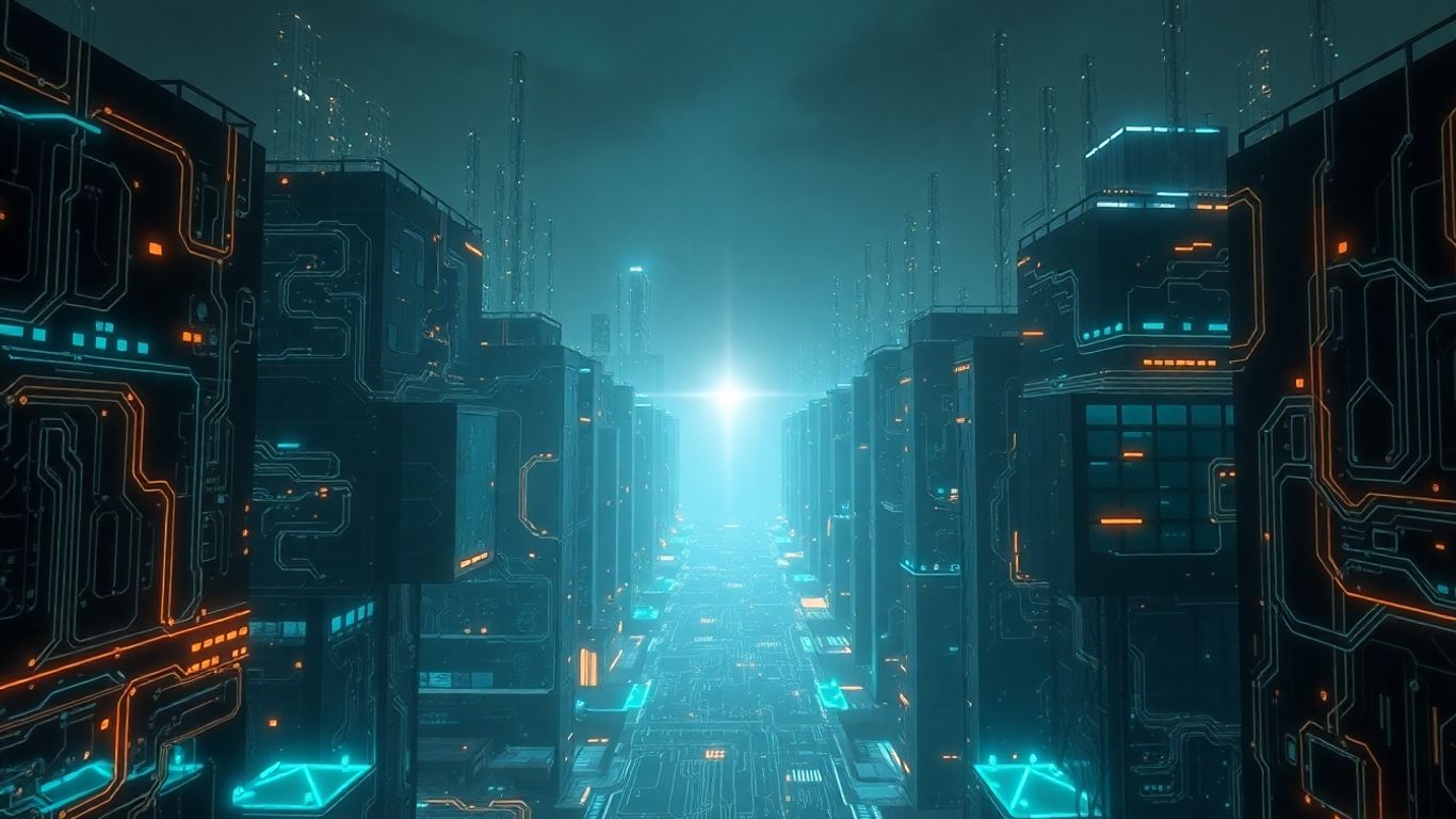 Futuristic cityscape with glowing circuits and digital patterns.