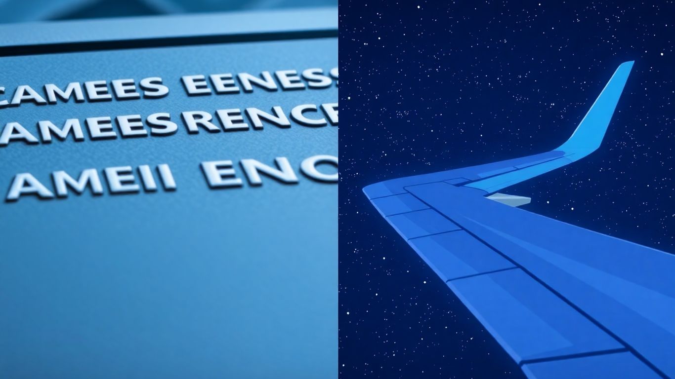 Amex Platinum card next to a blue airplane wing.