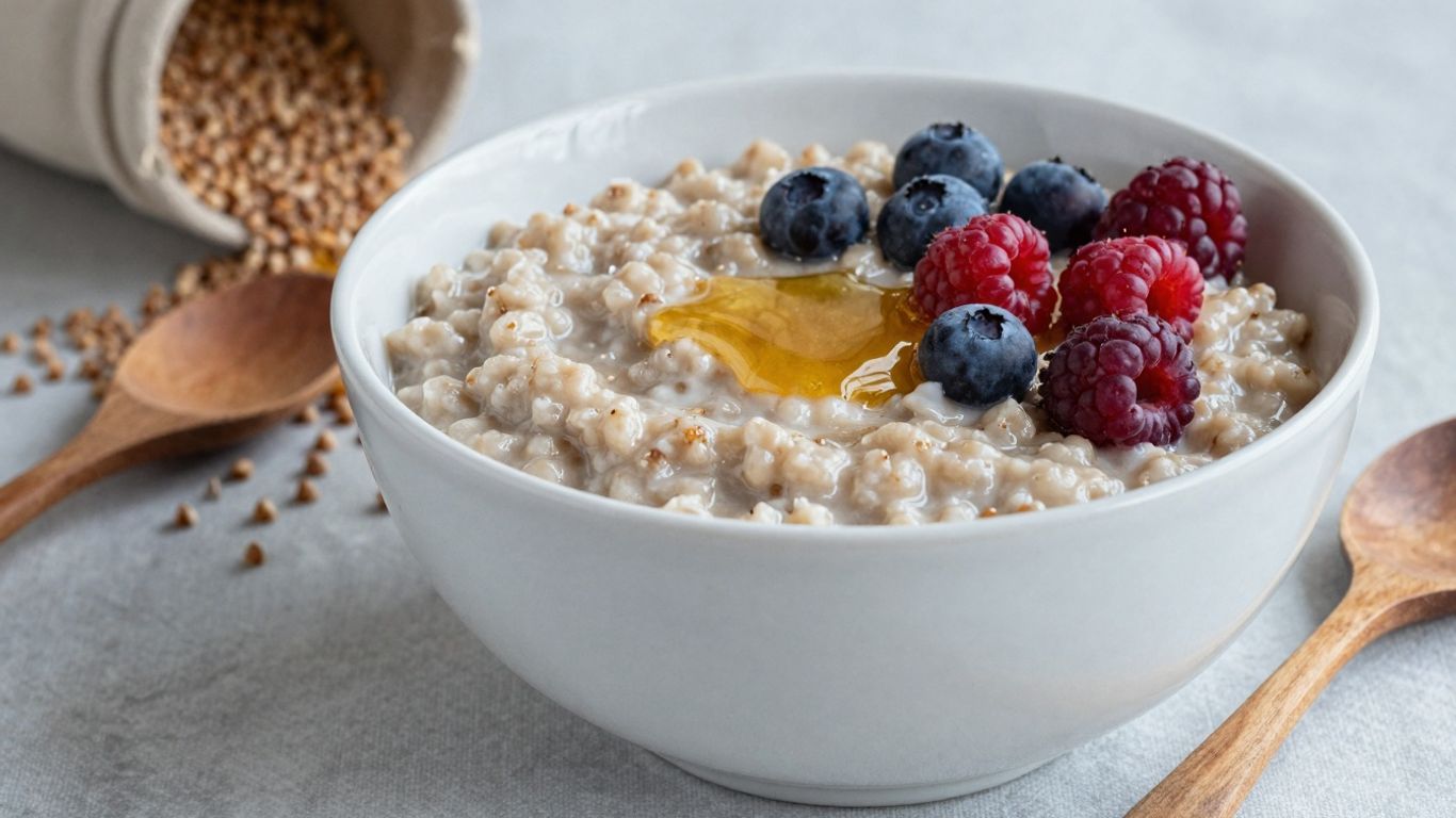 Bowl of buckwheat porridge with berries and honey