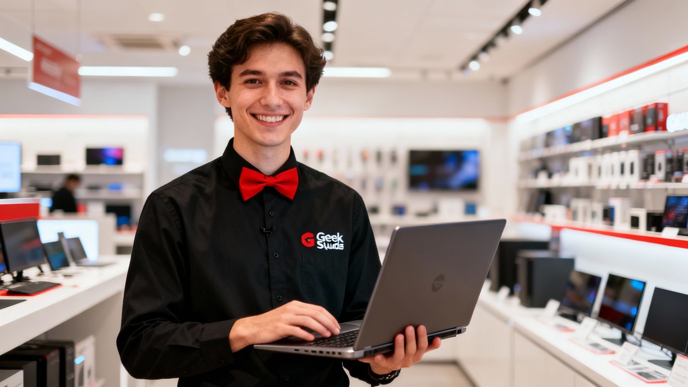 Geek Squad agent with laptop offering tech support.
