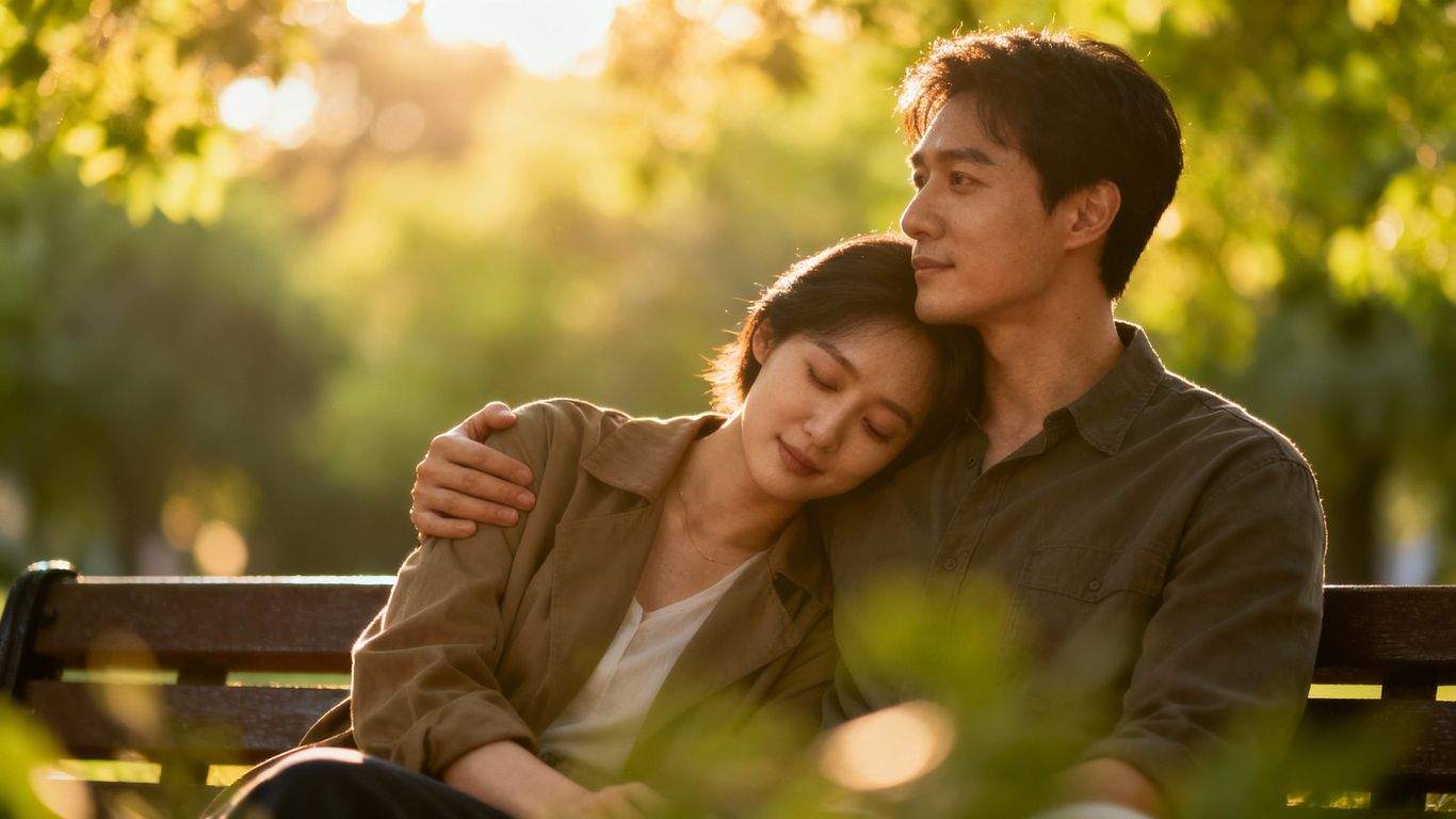 Couple embracing on a park bench in sunlight.