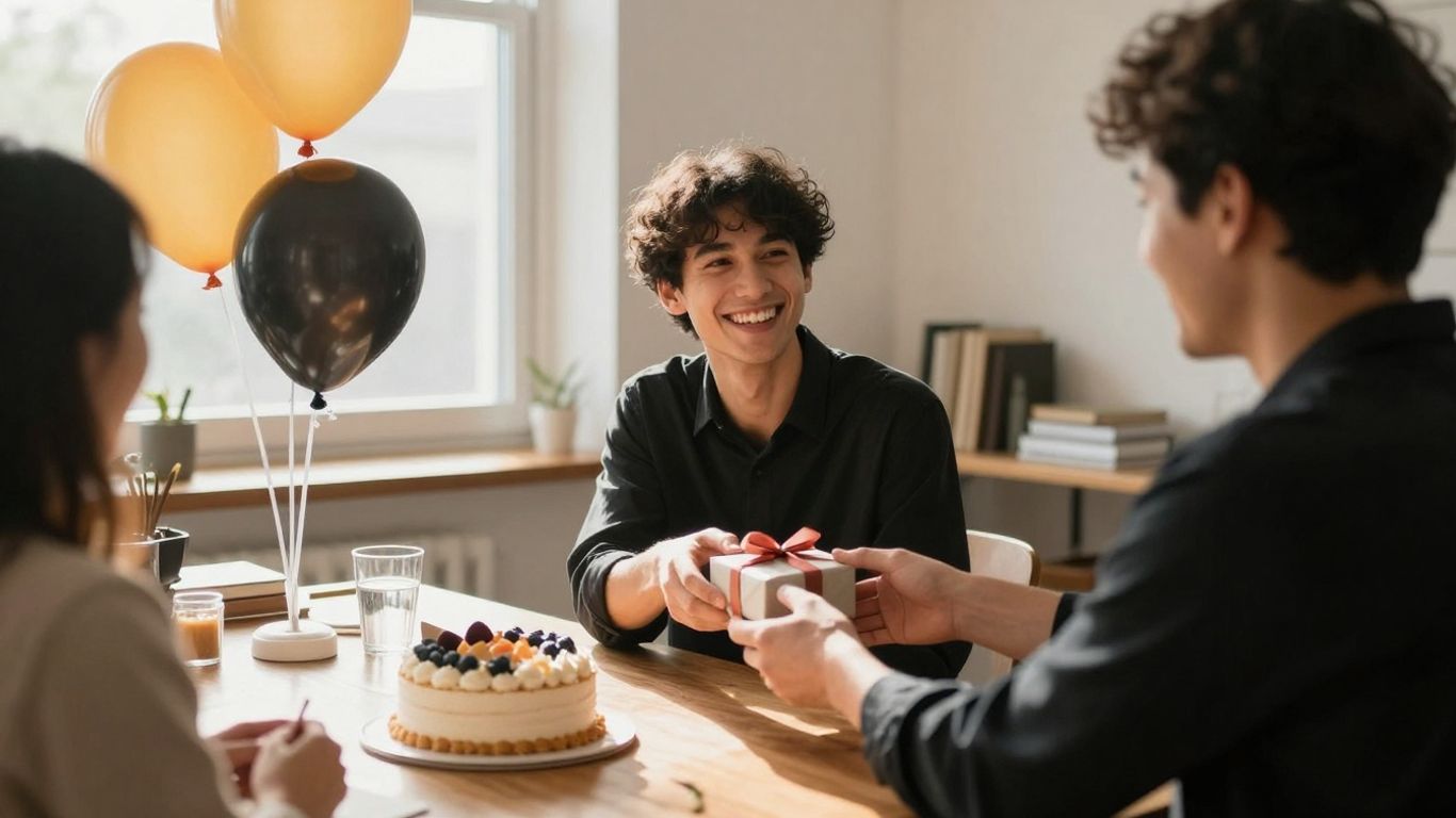 Vrolijke collega's vieren laatste werkdag met taart en cadeaus.