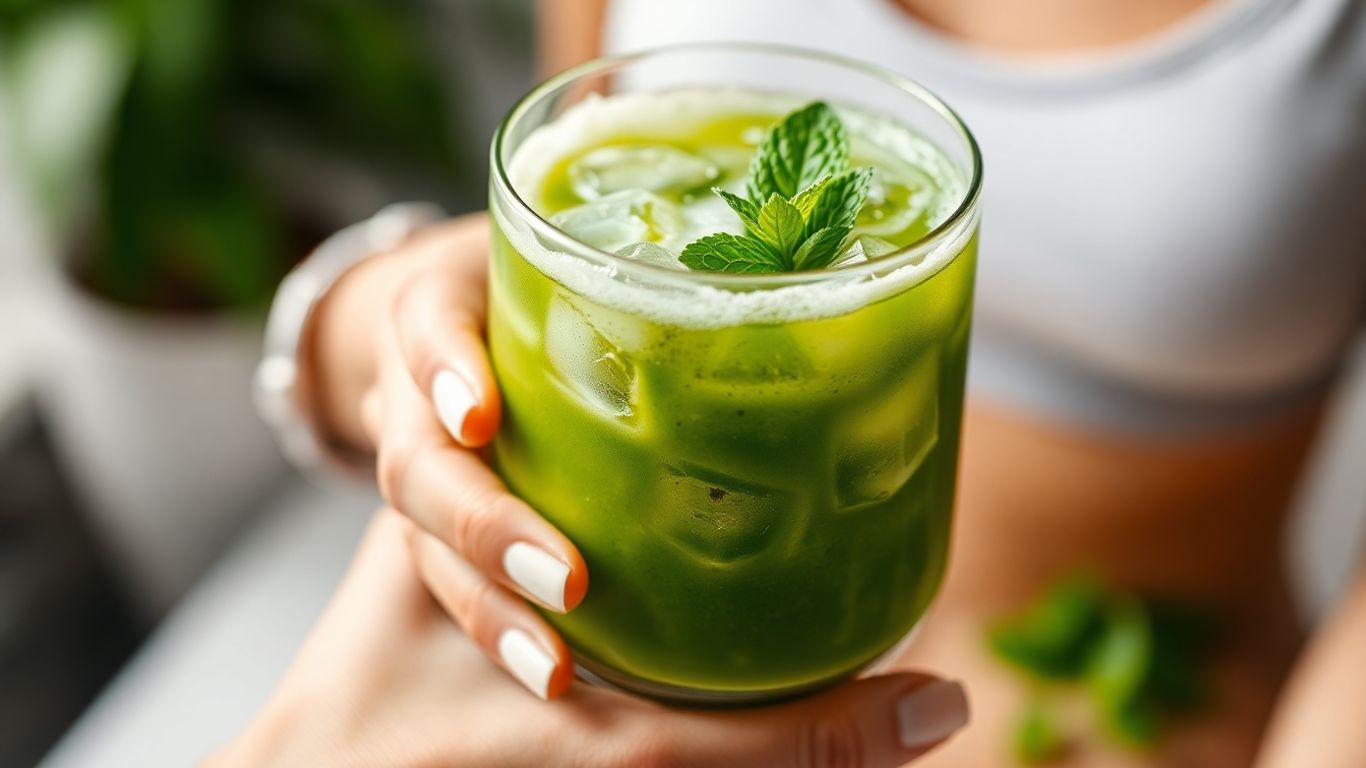 Vegan recovery drink with mint and ice.