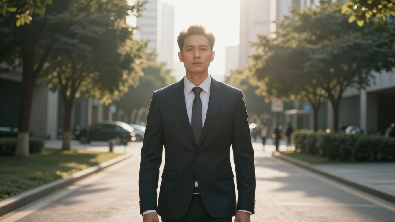 Dirigeant confiant regardant vers l'avenir, lumière sur un chemin.