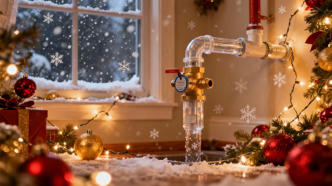 Holiday decorations and a backflow preventer valve.