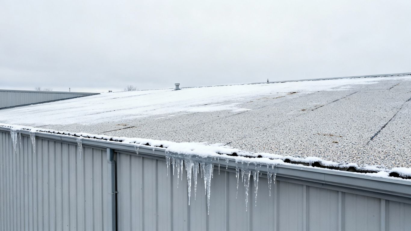 Commercial roof with snow and icicles in winter.