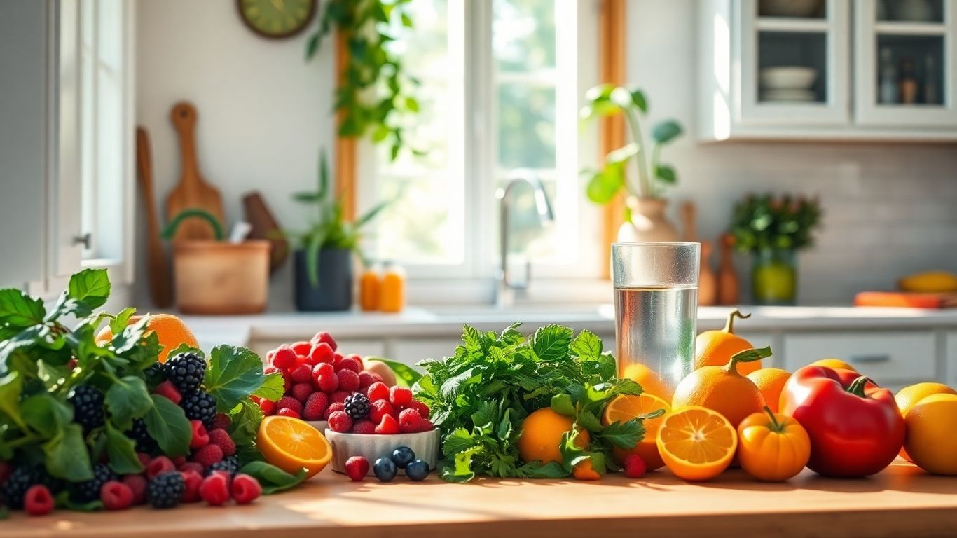 Fresh fruits and vegetables on a kitchen counter.