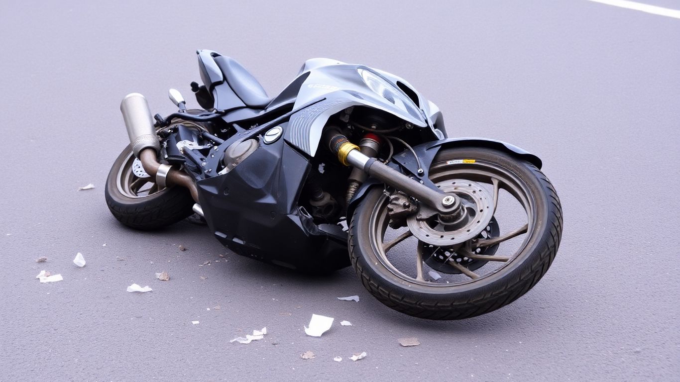 Damaged motorcycle after a crash on the road.