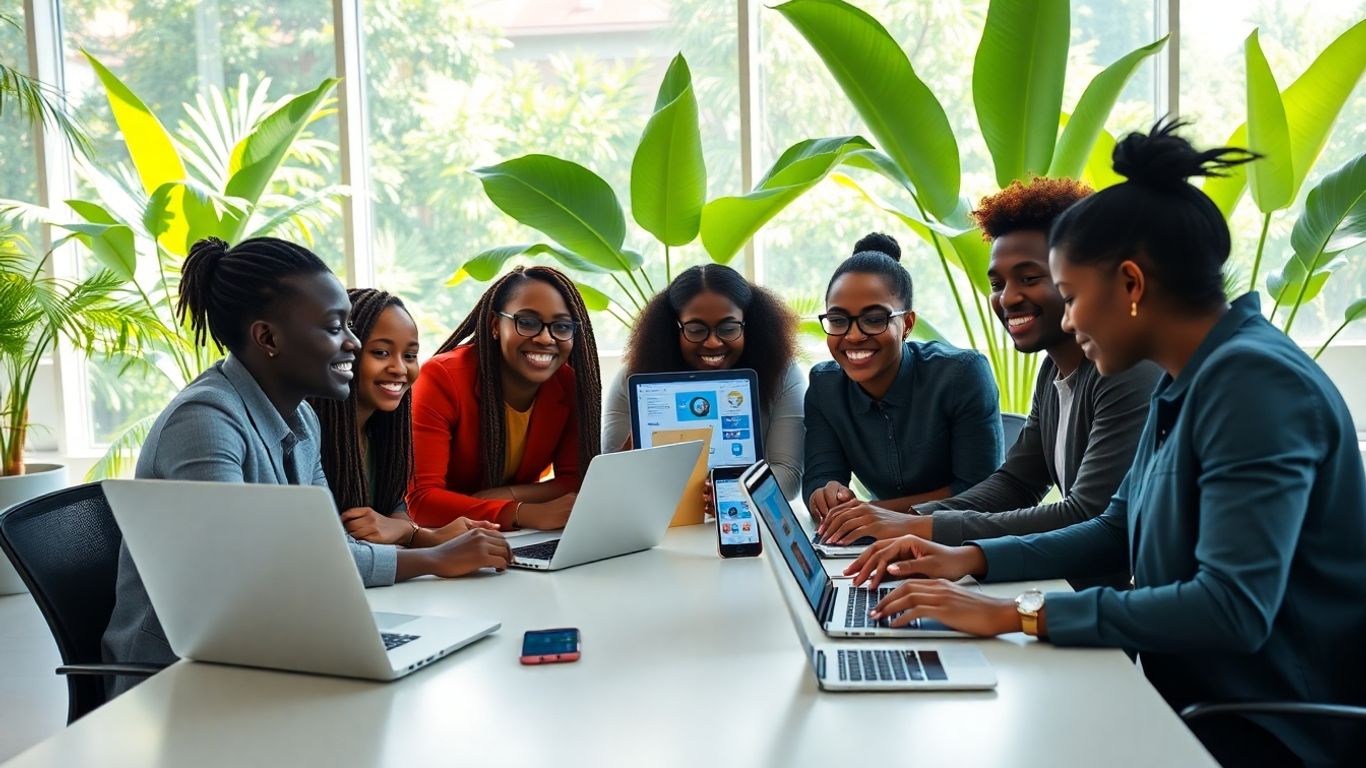 Young Cameroonian team working on laptops together.