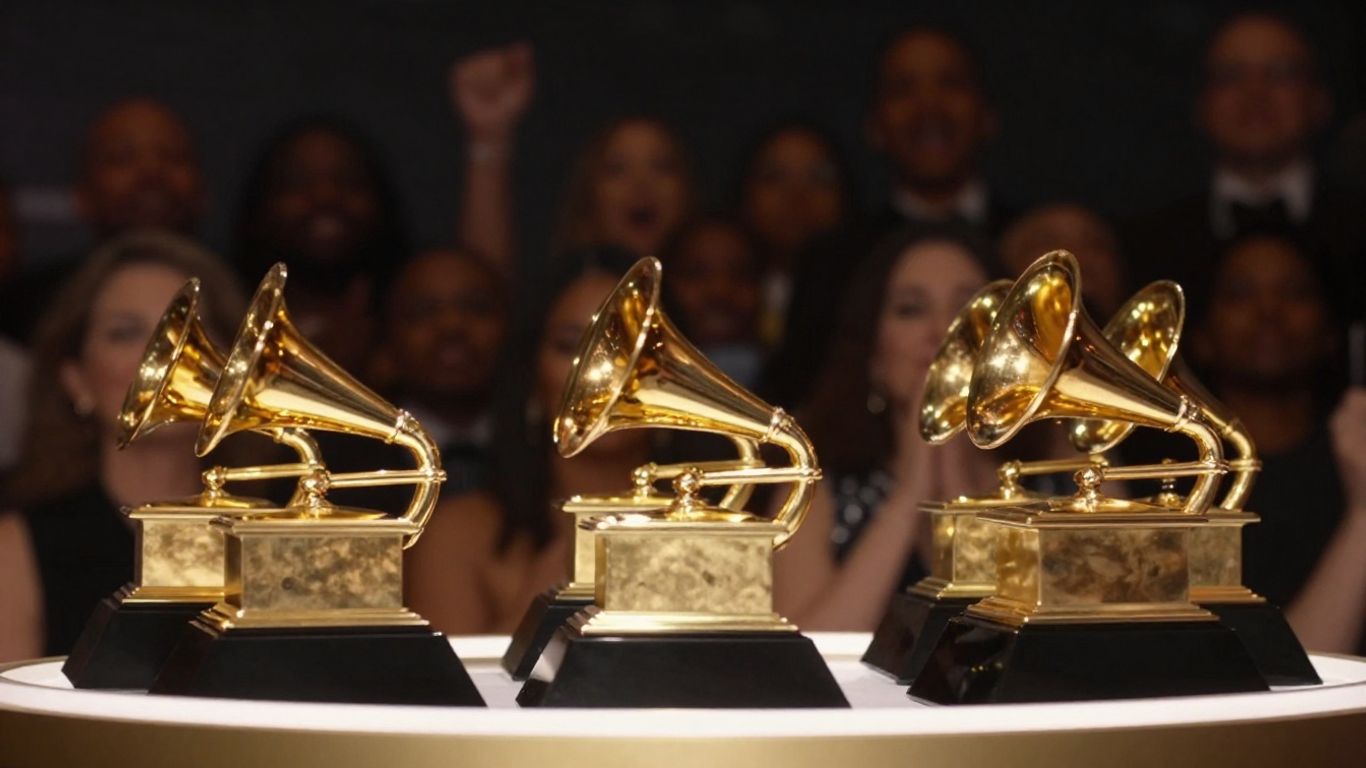 Grammy Winners 2026: Who's Taking It Home? 3 Golden Grammy trophies on a stage with cheering crowd.
