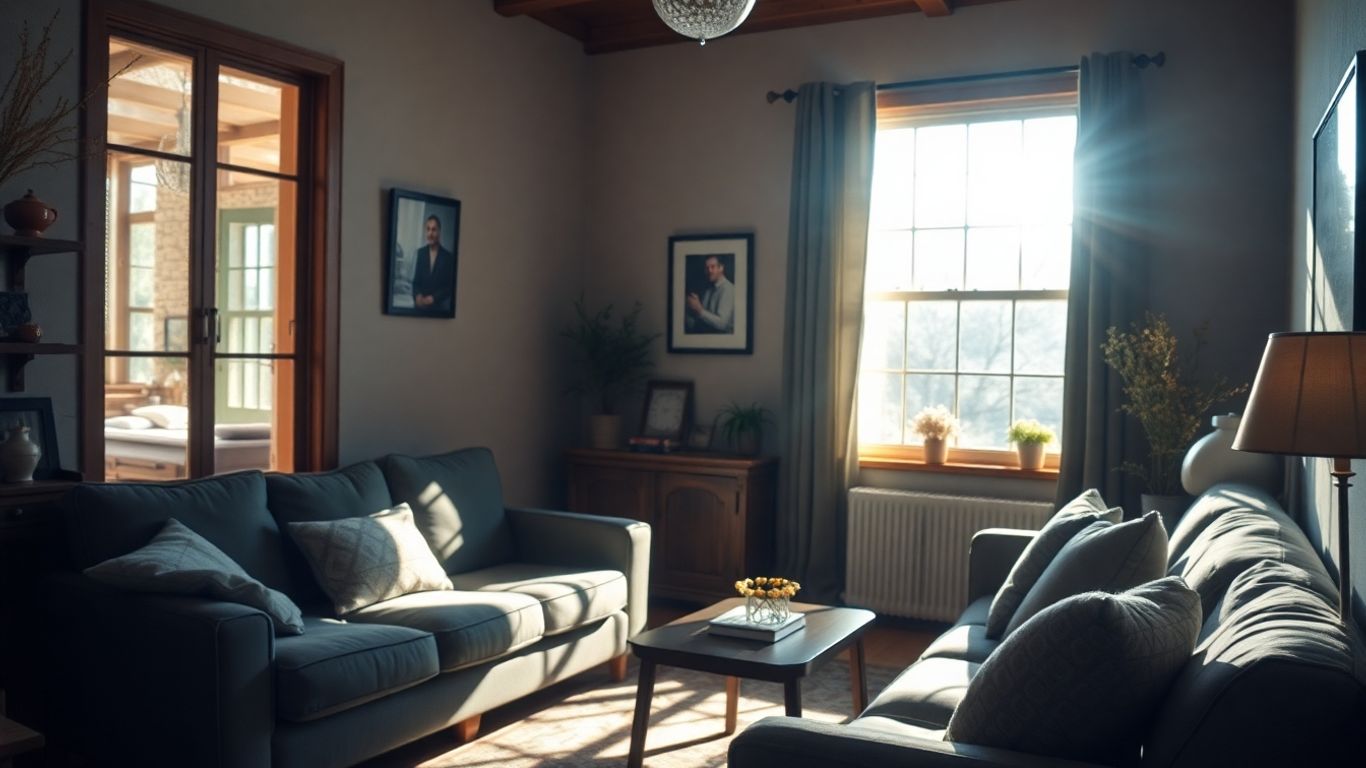 Sala de estar acogedora con luz solar y muebles cómodos.