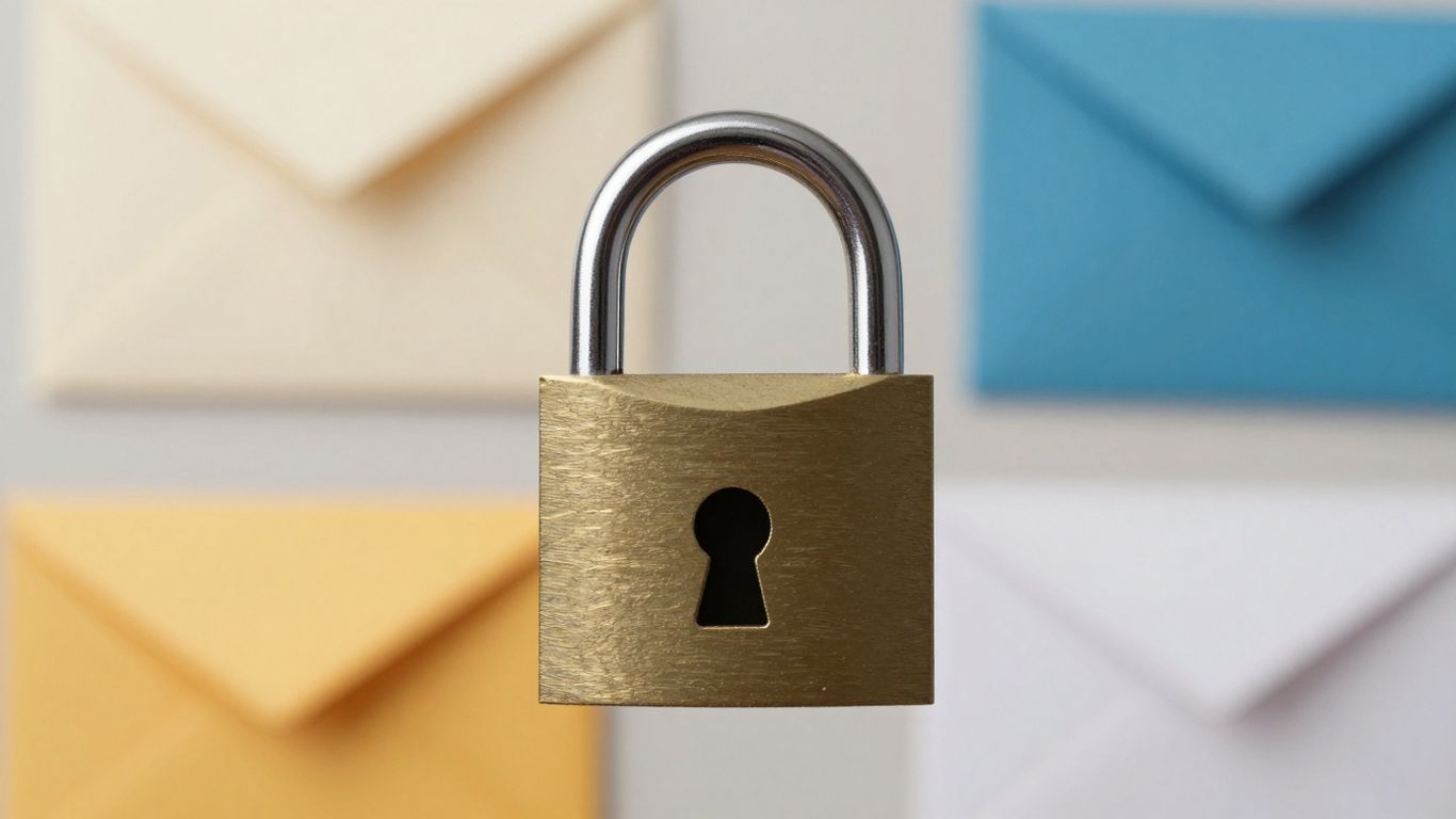 Digital padlock securing email envelopes, phishing protection.