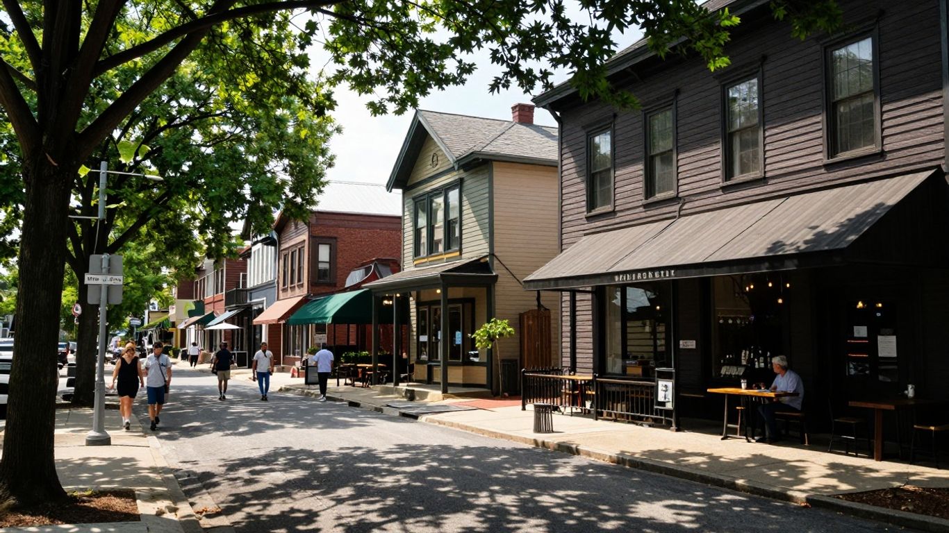 Williamsville, NY Village Center street with historic buildings and trees.