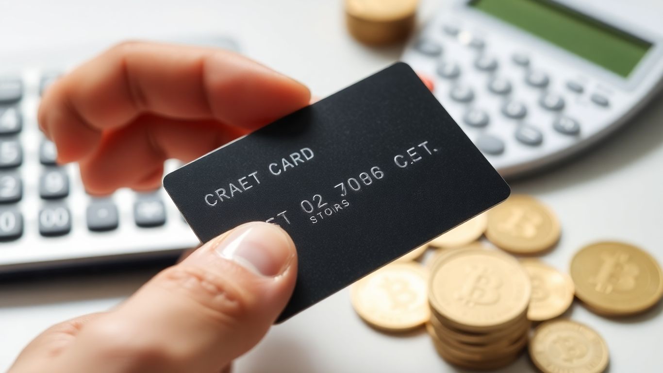 Hand holding credit card with coins and calculator.